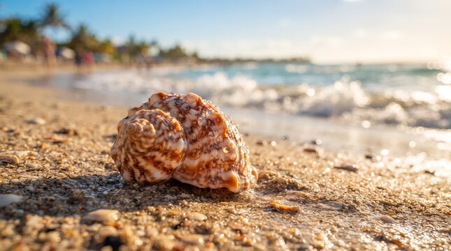 Large brown sea shell on sandy seashore close up with clear blue water wave and bokeh