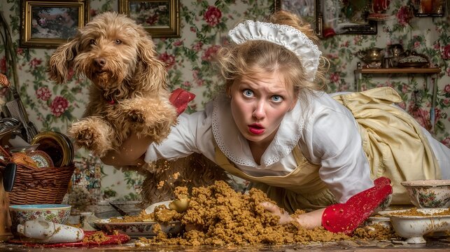 cleaning spilled pet food all over kitchen floor while dog jumps excitedly around