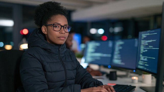Focused Coder at Work: A young woman with glasses, dressed in a warm jacket, intently works at her computer in a modern office environment at night.