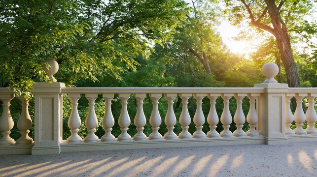 Elegant stone balustrade and terrace floor creating shadows from evening sunlight, overlooking a vibrant green forest and trees