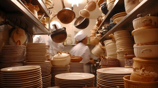 during rush hour with ingredients flying pans stacked dishes overflowing and chefs rushing