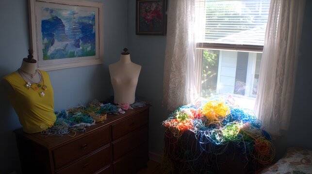 with fabric scraps tangled threads needles stuck randomly and mannequins tilted