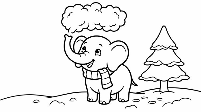 Cute cartoon elephant wearing scarf in snow coloring page