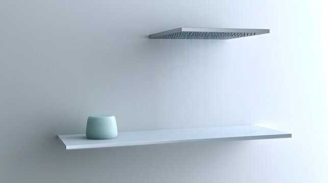 featuring single rainfall head white tiles and empty soap shelf emphasizing simplicity