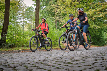 Fototapeta premium Three senior friends enjoy a cycling tour through a peaceful forest on a sunny day, promoting friendship, fitness and active aging in Naturpark Schönbuch, Herrenberg, Baden-Württemberg, Germany.
