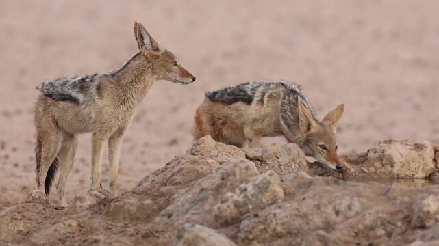 A pair of black-backed Jackal drinks from an artificial waterhole and keeps scanning their surroundings in the Kgalagadi Transfrontier Park, South Africa.