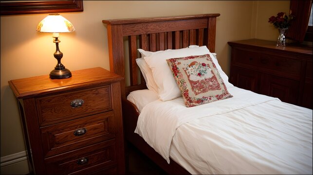 with plain white bedding single pillow and wooden nightstand holding small lamp