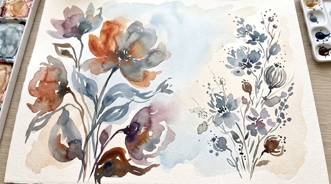 Abstract watercolor floral painting with earth tones and soft blue washes on textured paper.