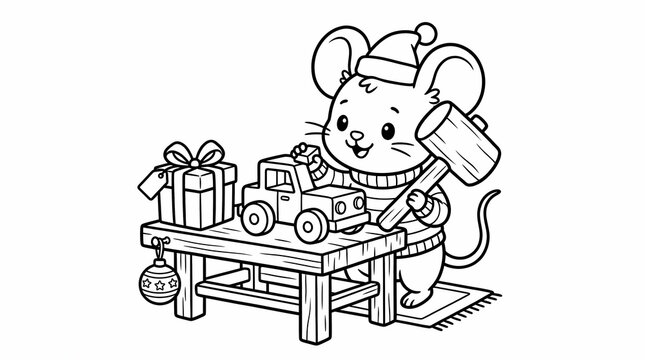Cute cartoon mouse wearing a Santa hat building a toy car at a workbench for a Christmas coloring page illustration.