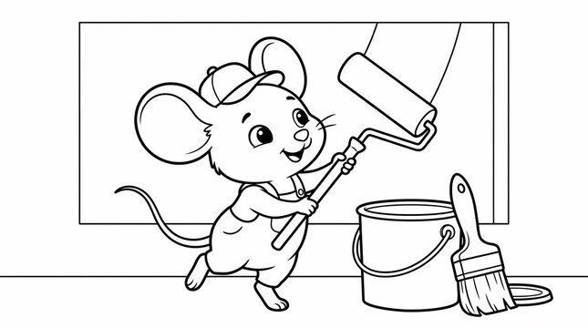 Cute cartoon mouse wearing overalls and a cap painting a wall with a roller next to a paint bucket, coloring page illustration.
