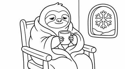 Obraz premium Cute cartoon sloth wrapped in a warm blanket holding a hot drink by a winter window