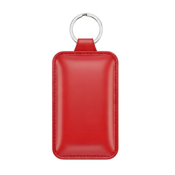 Red leather key holder case with metal ring for car keys isolated on transparent background