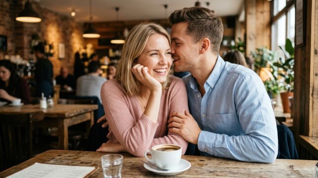Young couple whispering secrets at a cozy cafe table during a romantic coffee date.