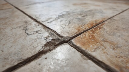 Obraz premium Close-up of cracked floor tiles with textured surface and natural aging patterns