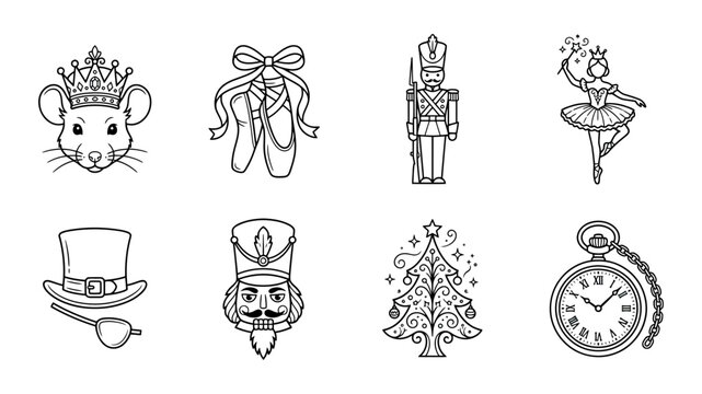Nutcracker ballet themed vector graphic set featuring hand drawn holiday icons in simple black line art