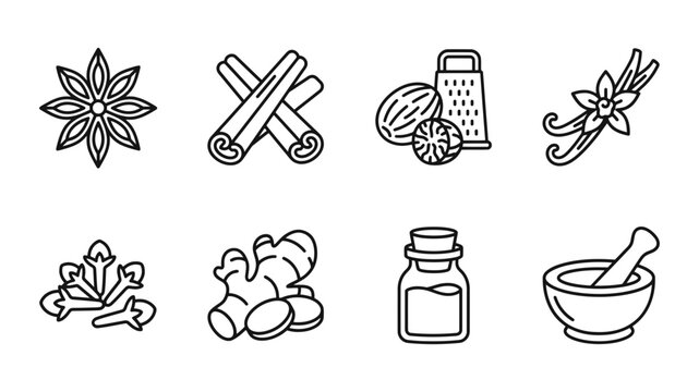 Linear vector illustration set of organic spices and kitchen cooking condiments for culinary website design projects