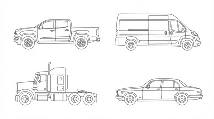 Obraz premium Minimalist fine line transportation vector set with pickup truck cargo van delivery vehicles outline style