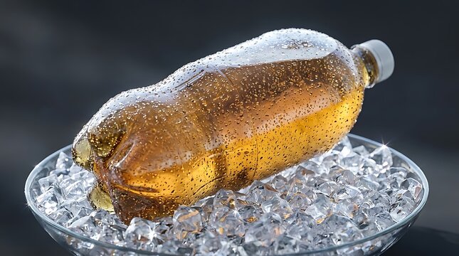 Cold plastic bottle of refreshing orange soda drink placed on a plate full of fresh ice cubes. 2 liter soda