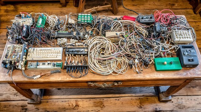 filled with tangled wires circuit boards and broken gadgets scattered everywhere