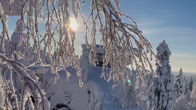 Cinematic video of ancient rock formations in winter Stone City, Perm Krai.