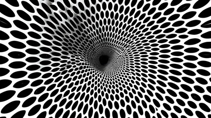Fototapeta premium Black oval dots arranged in swirling tunnel pattern on plain white background creating optical illusion of 3d depth for modern abstract art design