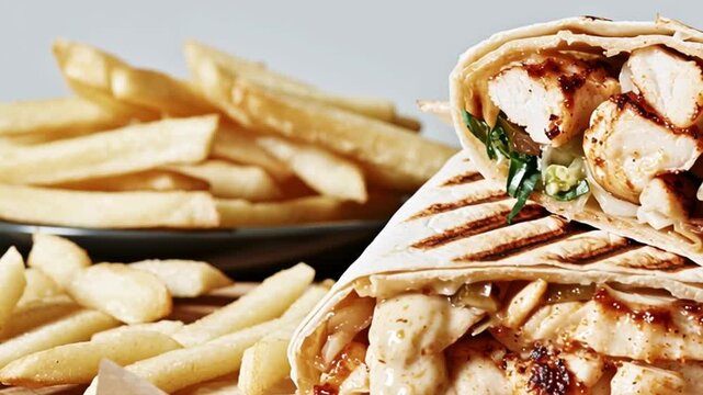 Grilled Chicken Wrap With Fresh Vegetables And French Fries, Delicious Fast Food Meal