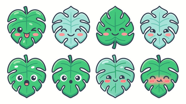 Set of cute monstera leaf characters with funny kawaii facial expressions. Green tropical plant foliage mascots and emojis for nature-themed stickers, icons, and graphic design projects.