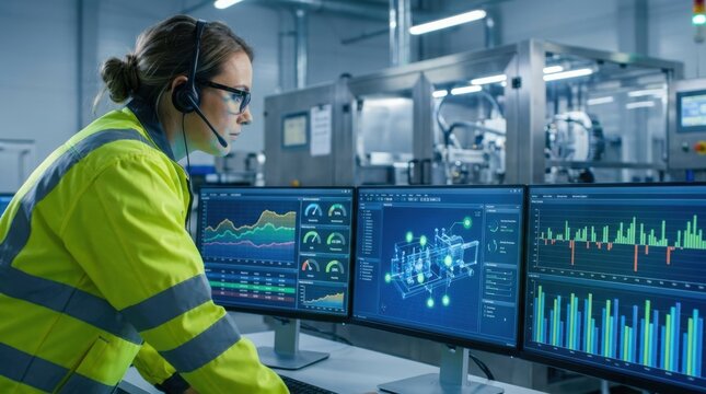 Female engineer monitoring industrial data displays in a high-tech manufacturing facility.