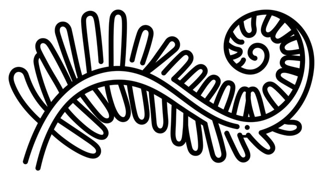 Minimalist tropical fern unfurling line art illustration with a spiral fiddlehead koru shape, ideal for nature-themed graphic design, organic icons, and botanical branding elements.