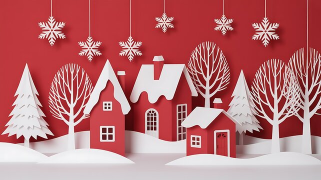 Red Paper Cutout Christmas Home with Winter Trees
