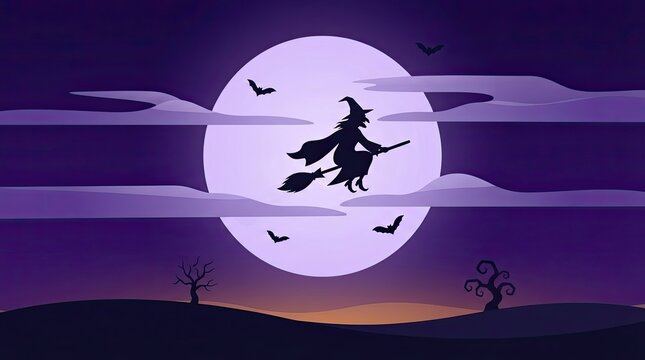 Silhouette of a witch flying on a broomstick against a large full moon in a purple night sky
