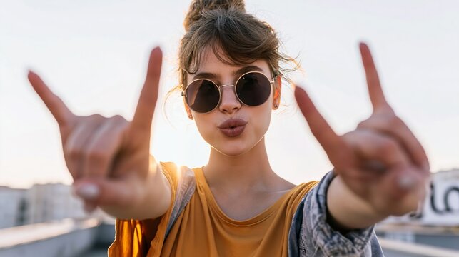 Young woman wearing sunglasses making rock hand gesture, pouting lips expressing youth and rebellion