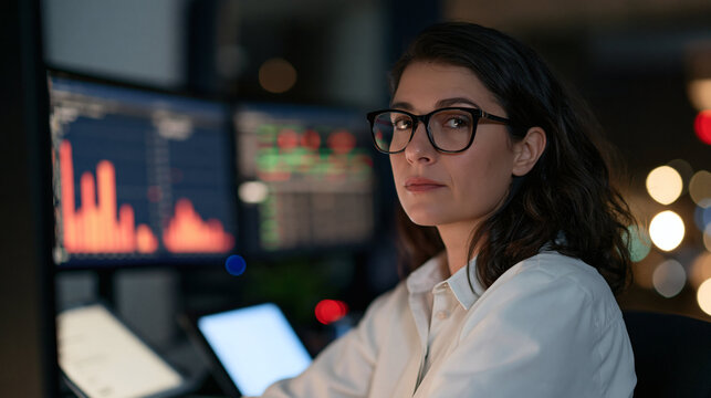 Focused Analyst at Work: A woman with glasses is concentrating intently, working late in a dimly lit office, with stock market charts displayed on multiple computer screens in the background.