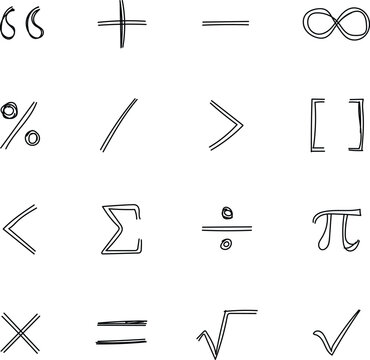 Mathematics doodle symbols set featuring blackboard style hand drawn operators and algebraic signs.