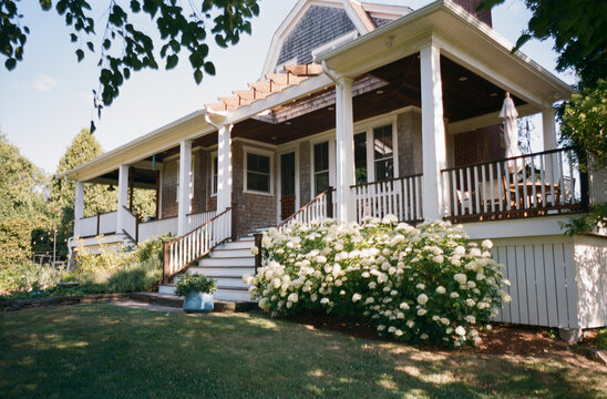 Single family home porch hydrangea exterior film 