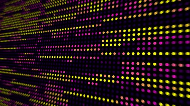 Abstract digital LED grid with glowing pink and yellow dots flickering on a dark background