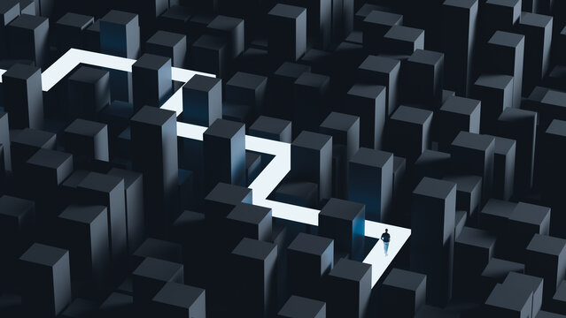 Abstract city path navigation concept with silhouette in cubes
