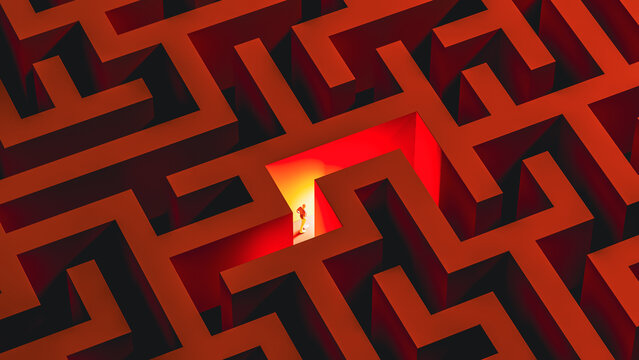 Glowing maze man concept background with a path and silhouette