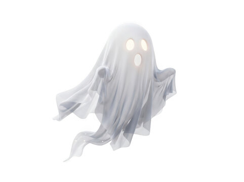 3d illustration of a cute friendly ghost character floating, isolated on transparent background