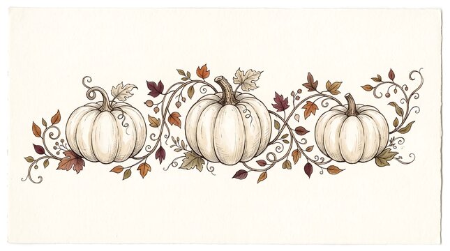 Three elegant white pumpkins on vine border illustration for thanksgiving design background.