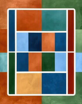 Minimalist abstract overhead view of a tennis court layout in bold color blocks and grid lines