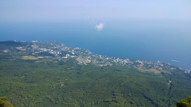 Scenic panoramic view from Ai-Petri mountain summit to Yalta city.