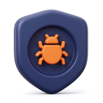 3D Computer bug virus icon inside a blue security shield isolated background with security protection software