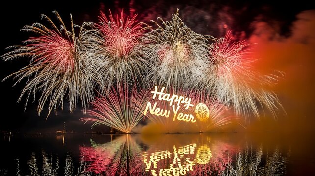 Colorful fireworks display with happy new year text at night