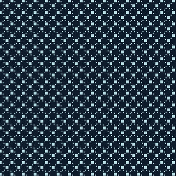 Abstract Geometric Seamless Pattern with White Dotted Grid and Squares Swatch Motif Repeat on Dark Blue Indigo Textured Background for Vector Fabric Textile Surface Design