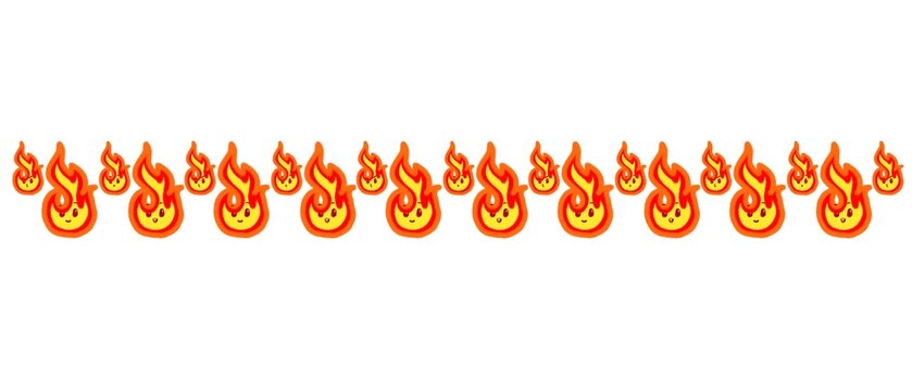 Cute Flame Border Pattern Vector Illustration for kids' designs, flyers, and frames. Cartoon Fire Character Horizontal Frame Elements invitations, scrapbooking, and web design.