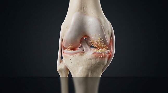 Human knee joint anatomy showing bones cartilage ligaments tendons and inflammation areas detailed medical illustration for educational purposes