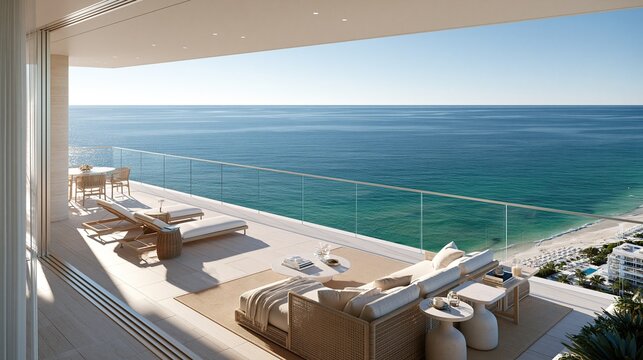 Modern luxury ocean view penthouse balcony patio with woven wicker furniture and lounge seating overlooking calm blue ocean and sandy beach on bright clear sunny day