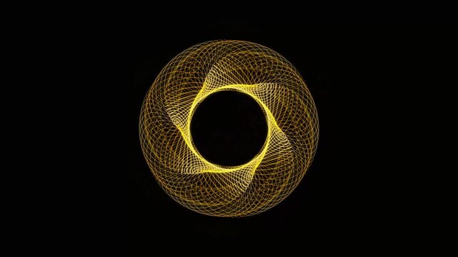 Golden geometric spirograph motion background, abstract rotating particle ring animation