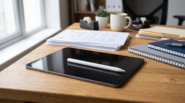Tablet and Stylus on Wooden Office Desk With Blurred Stack of Documents
